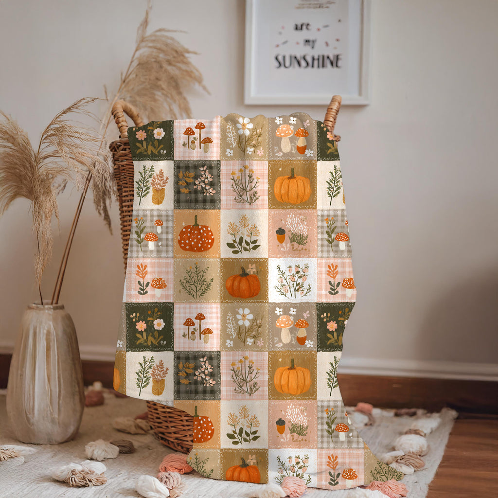Patchwork Pumpkin Plush Blanket | Cozy Fall Harvest Plaid Throw