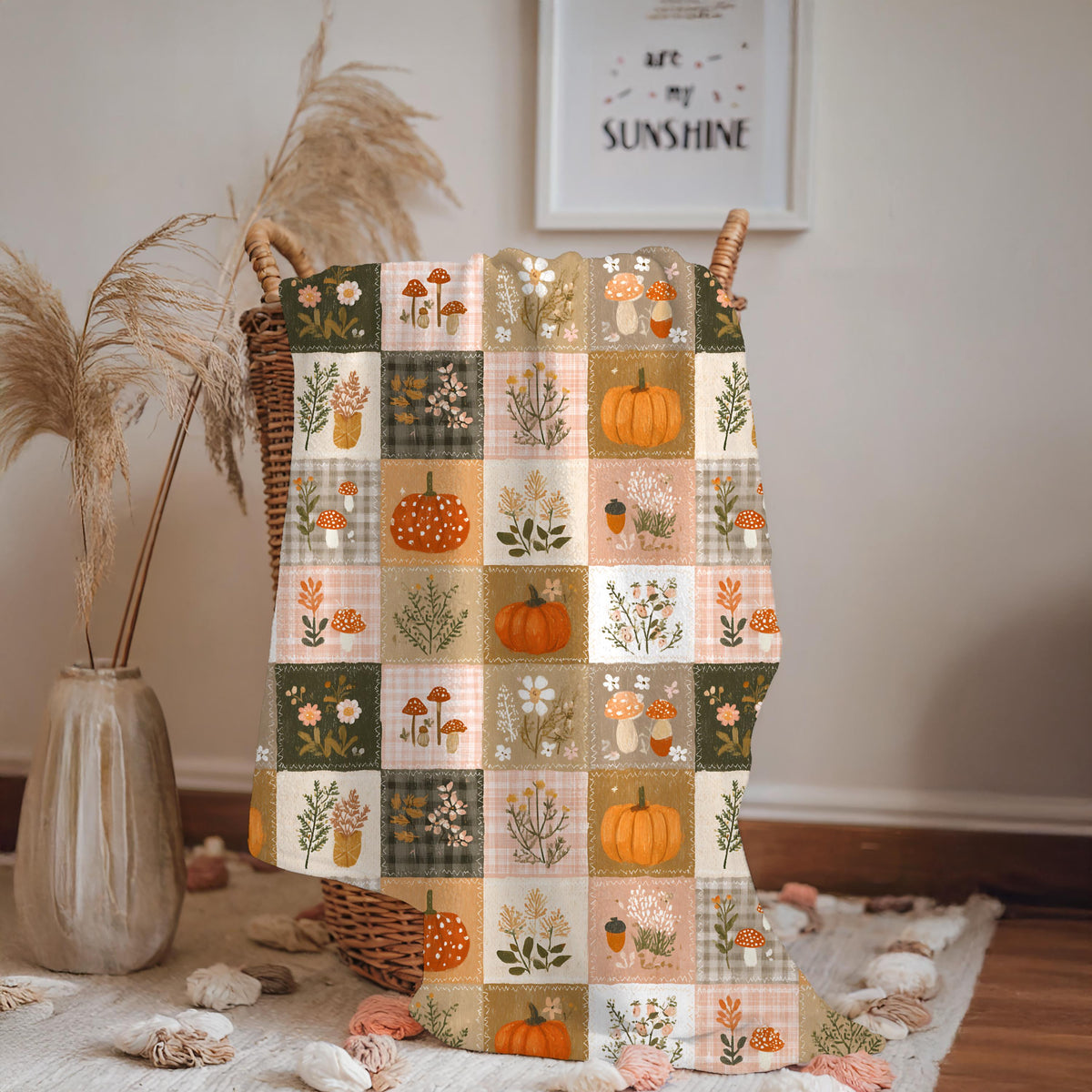 Patchwork Pumpkin Plush Blanket | Cozy Fall Harvest Plaid Throw