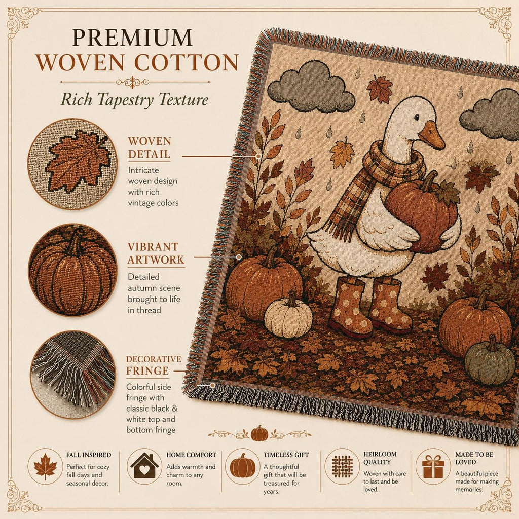 Woven Goose Blanket | Cozy Fall Throw Blanket | Autumn Pumpkin Goose Tapestry | Farmhouse Fall Decor | Thanksgiving Couch Blanket