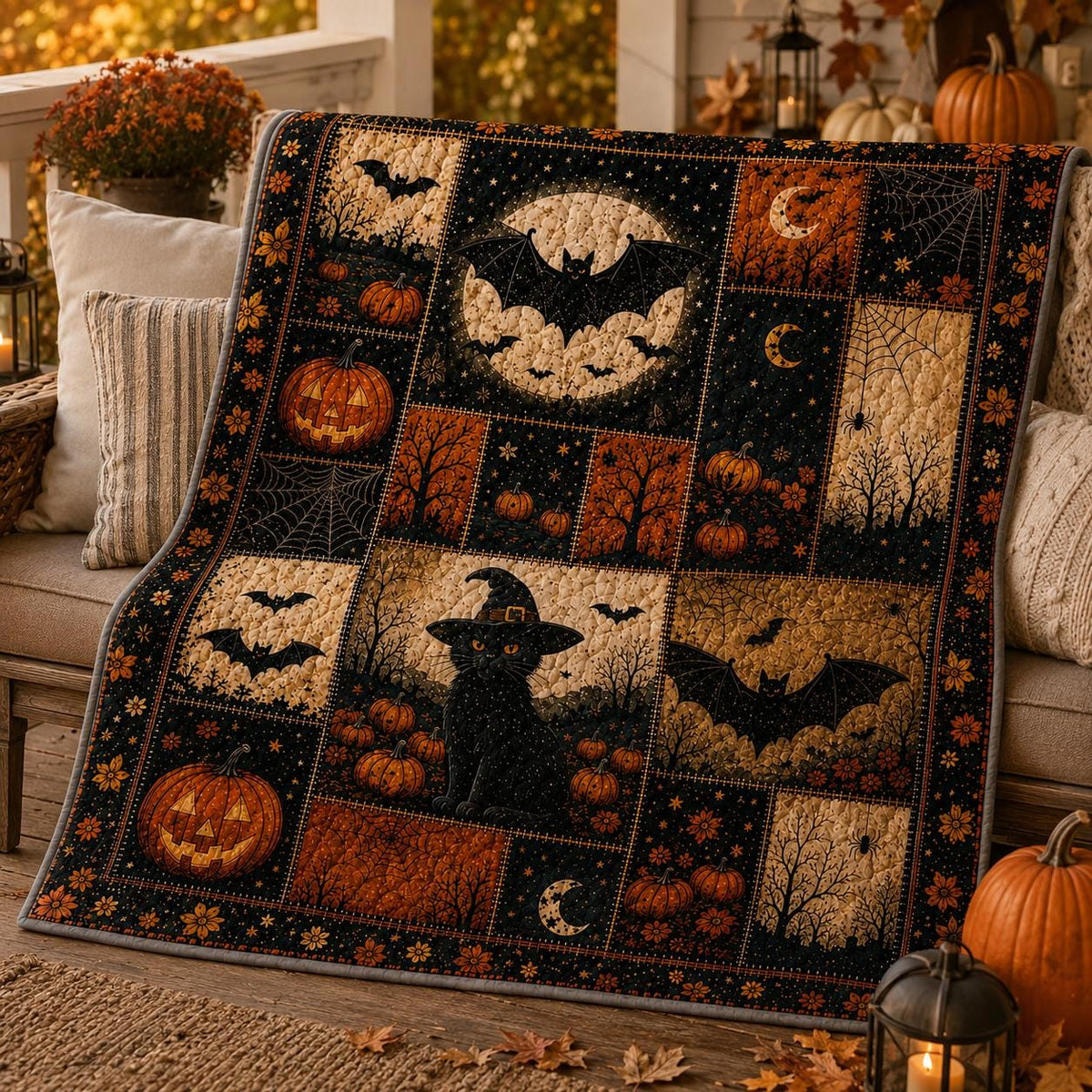 Cozy Halloween Quilt Blanket, Vintage Ghost Black Cat Pumpkin Throw, Rustic Fall Patchwork Bedding, Autumn Home Decor