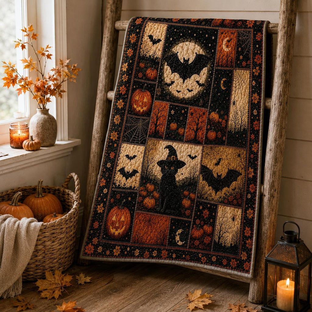 Cozy Halloween Quilt Blanket, Vintage Ghost Black Cat Pumpkin Throw, Rustic Fall Patchwork Bedding, Autumn Home Decor