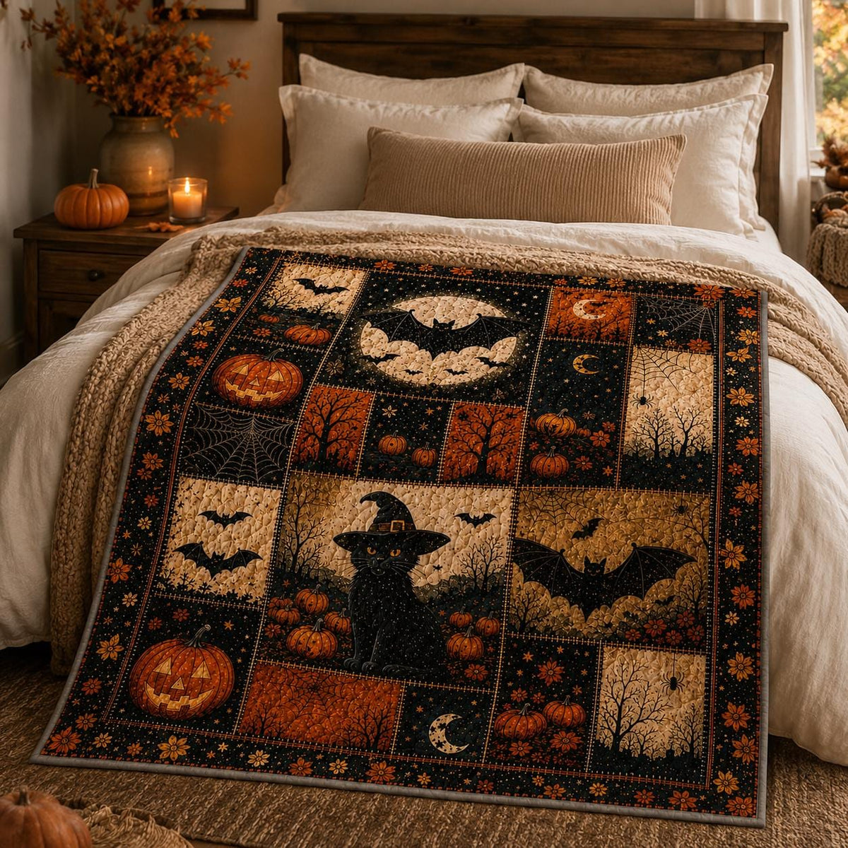 Cozy Halloween Quilt Blanket, Vintage Ghost Black Cat Pumpkin Throw, Rustic Fall Patchwork Bedding, Autumn Home Decor