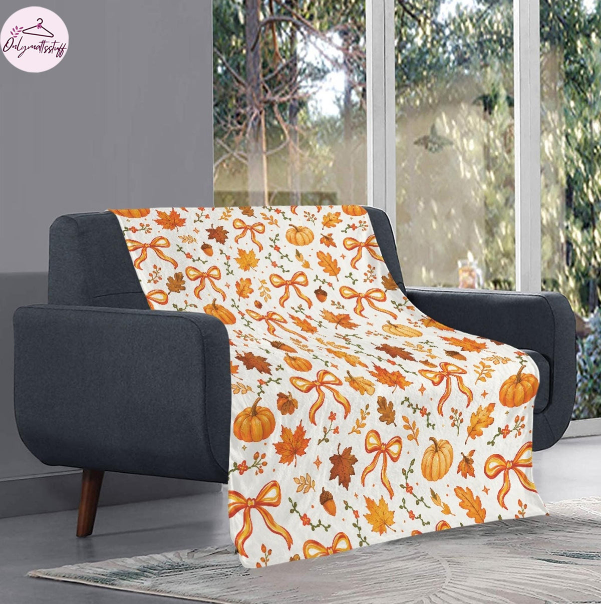 Fall Pumpkin Blanket, Autumn Leaves Throw Blanket, Coquette Bow Cozy Blanket, Cute Fall Decor, Thanksgiving Gift for Her