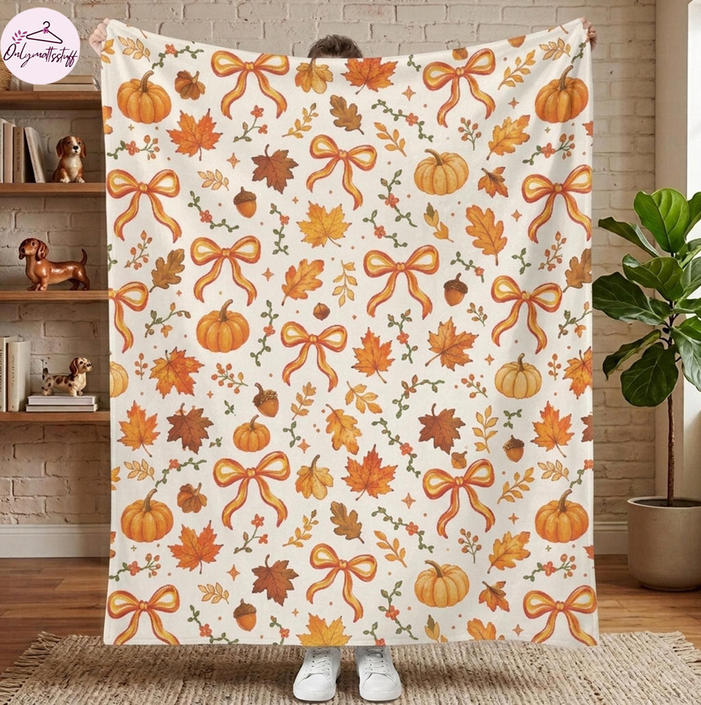 Fall Pumpkin Blanket, Autumn Leaves Throw Blanket, Coquette Bow Cozy Blanket, Cute Fall Decor, Thanksgiving Gift for Her