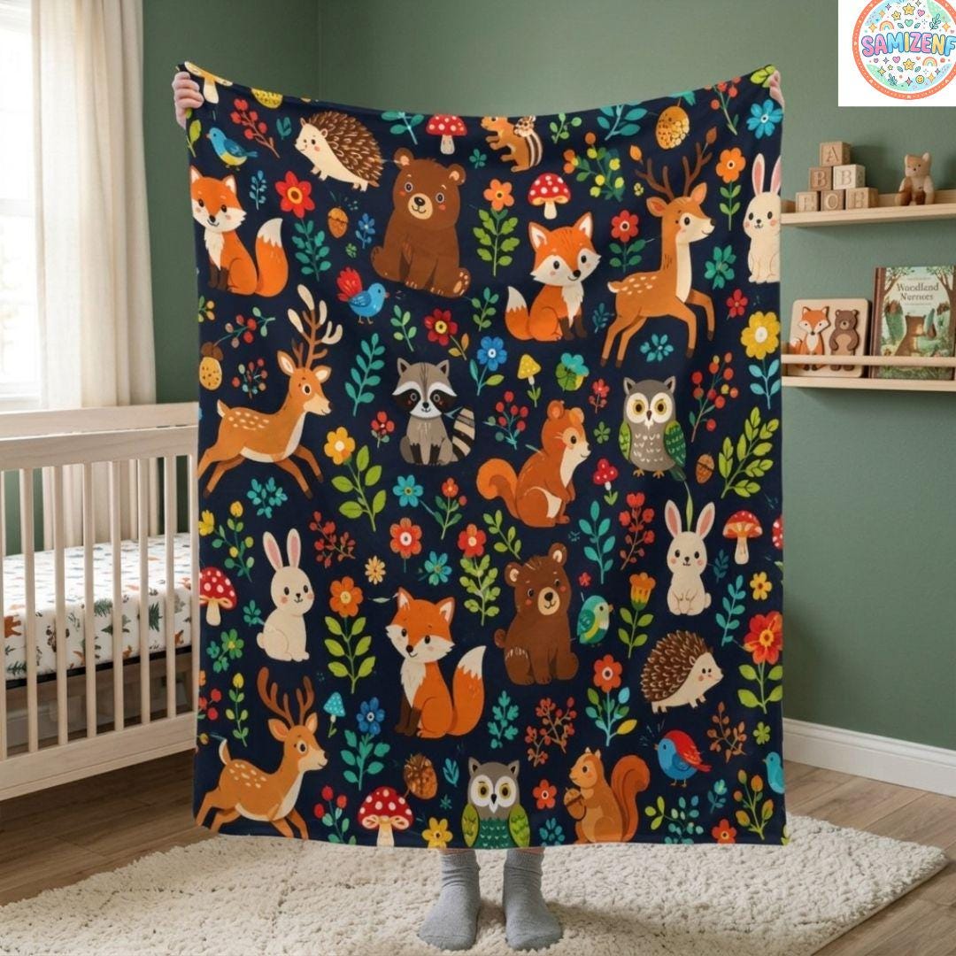 Woodland Animals Baby Blanket, Forest Nursery Fleece Blanket, Fox Deer Bear Baby Shower Gift, Newborn Blanket, Cute Animal Sherpa Blanket
