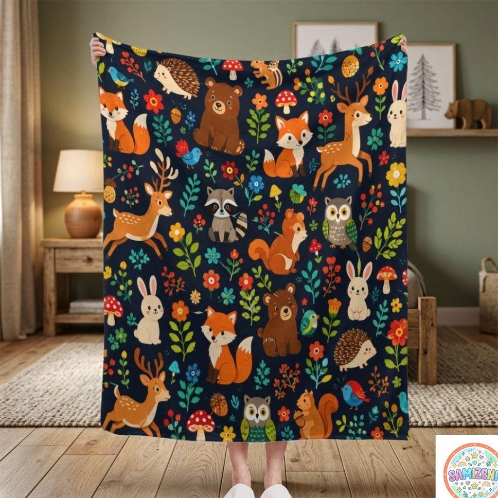 Woodland Animals Baby Blanket, Forest Nursery Fleece Blanket, Fox Deer Bear Baby Shower Gift, Newborn Blanket, Cute Animal Sherpa Blanket