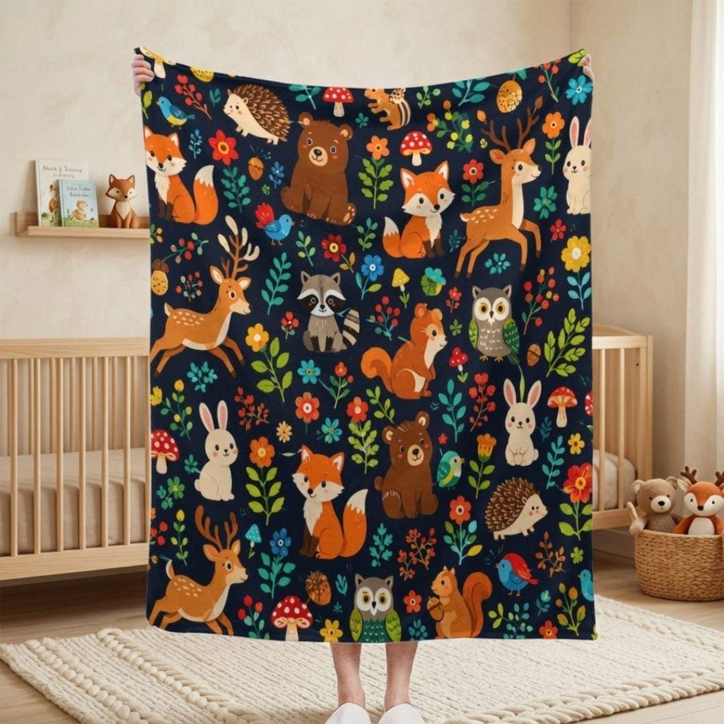 Woodland Animals Baby Blanket, Forest Nursery Fleece Blanket, Fox Deer Bear Baby Shower Gift, Newborn Blanket, Cute Animal Sherpa Blanket