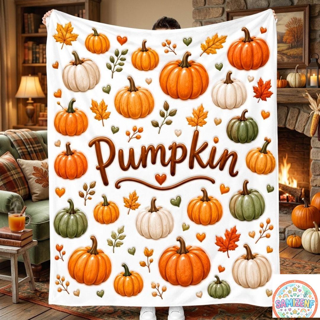 Cute Pumpkin Throw Blanket, Autumn Farmhouse Blanket, Cute Halloween Print Blanket, Cozy Fall Home Decor, Soft Fleece Blanket