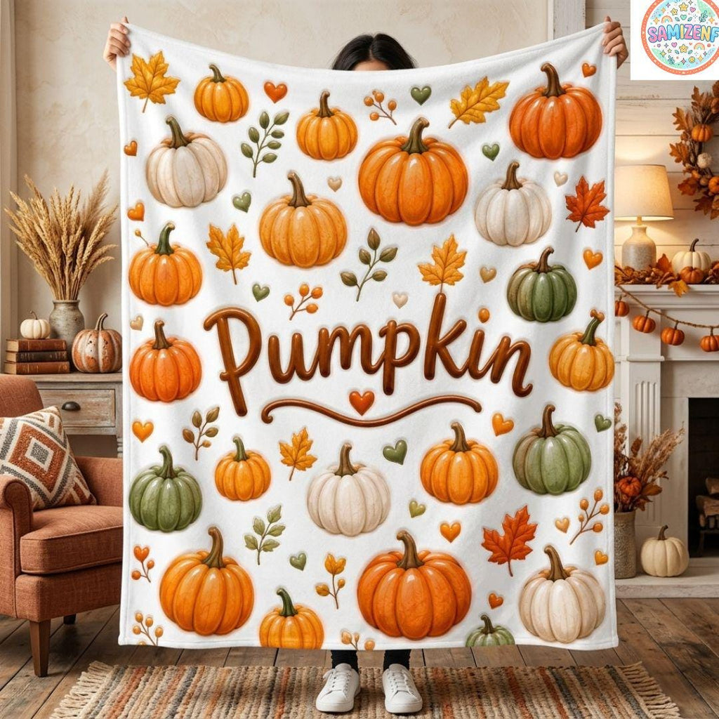 Cute Pumpkin Throw Blanket, Autumn Farmhouse Blanket, Cute Halloween Print Blanket, Cozy Fall Home Decor, Soft Fleece Blanket