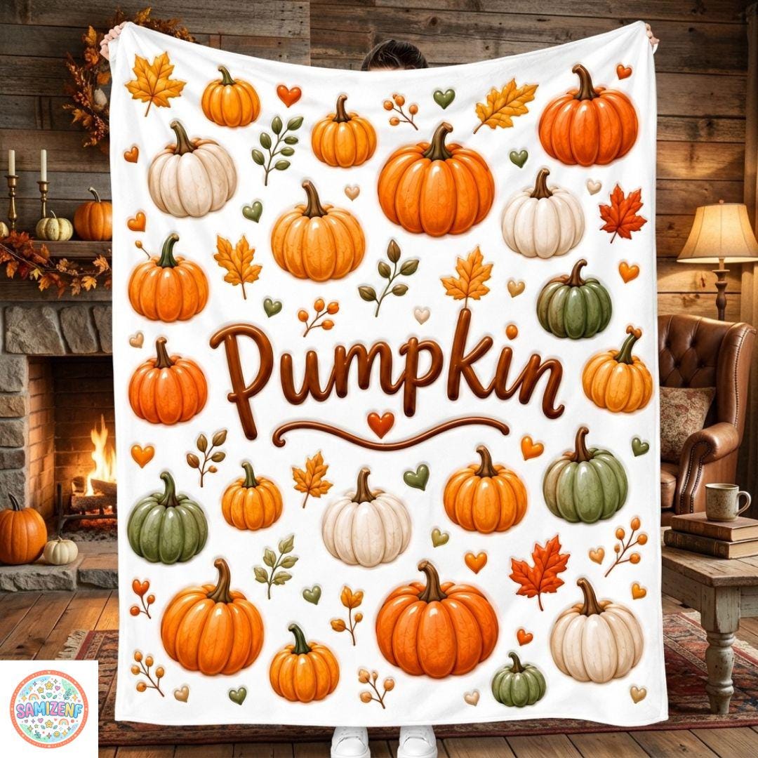 Cute Pumpkin Throw Blanket, Autumn Farmhouse Blanket, Cute Halloween Print Blanket, Cozy Fall Home Decor, Soft Fleece Blanket