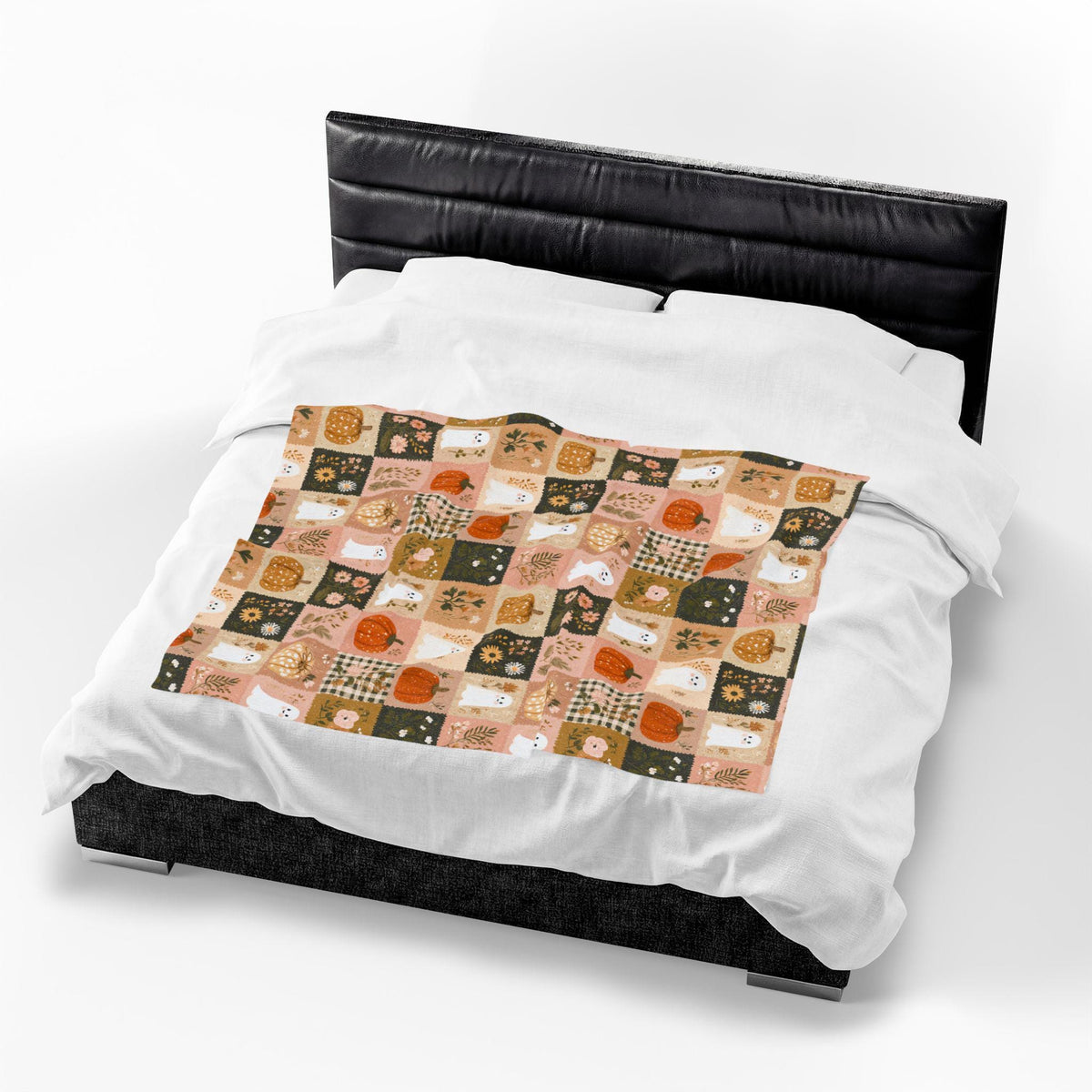Preppy Patchwork Ghost & Pumpkin Blanket | Halloween Velveteen Plush Fall Throw Cozy Decor