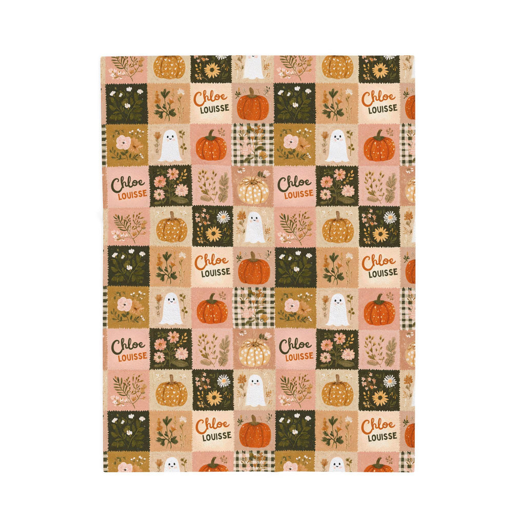 Personalized Patchwork Ghost & Pumpkin Blanket | Custom Name Velveteen Plush Halloween Fall Throw