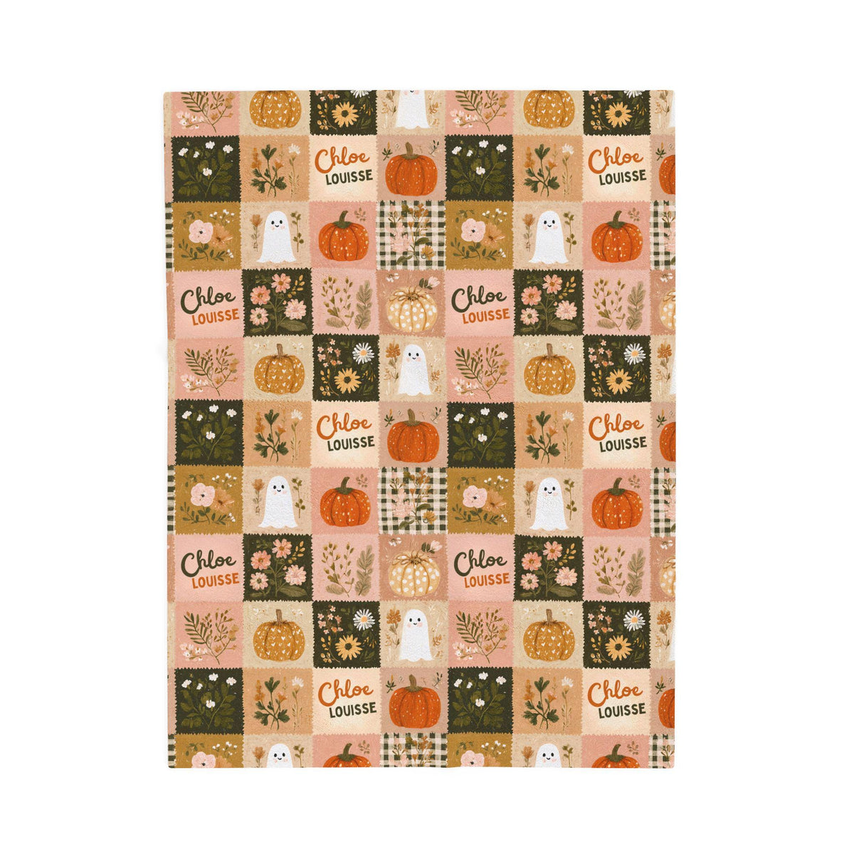 Personalized Patchwork Ghost & Pumpkin Blanket | Custom Name Velveteen Plush Halloween Fall Throw