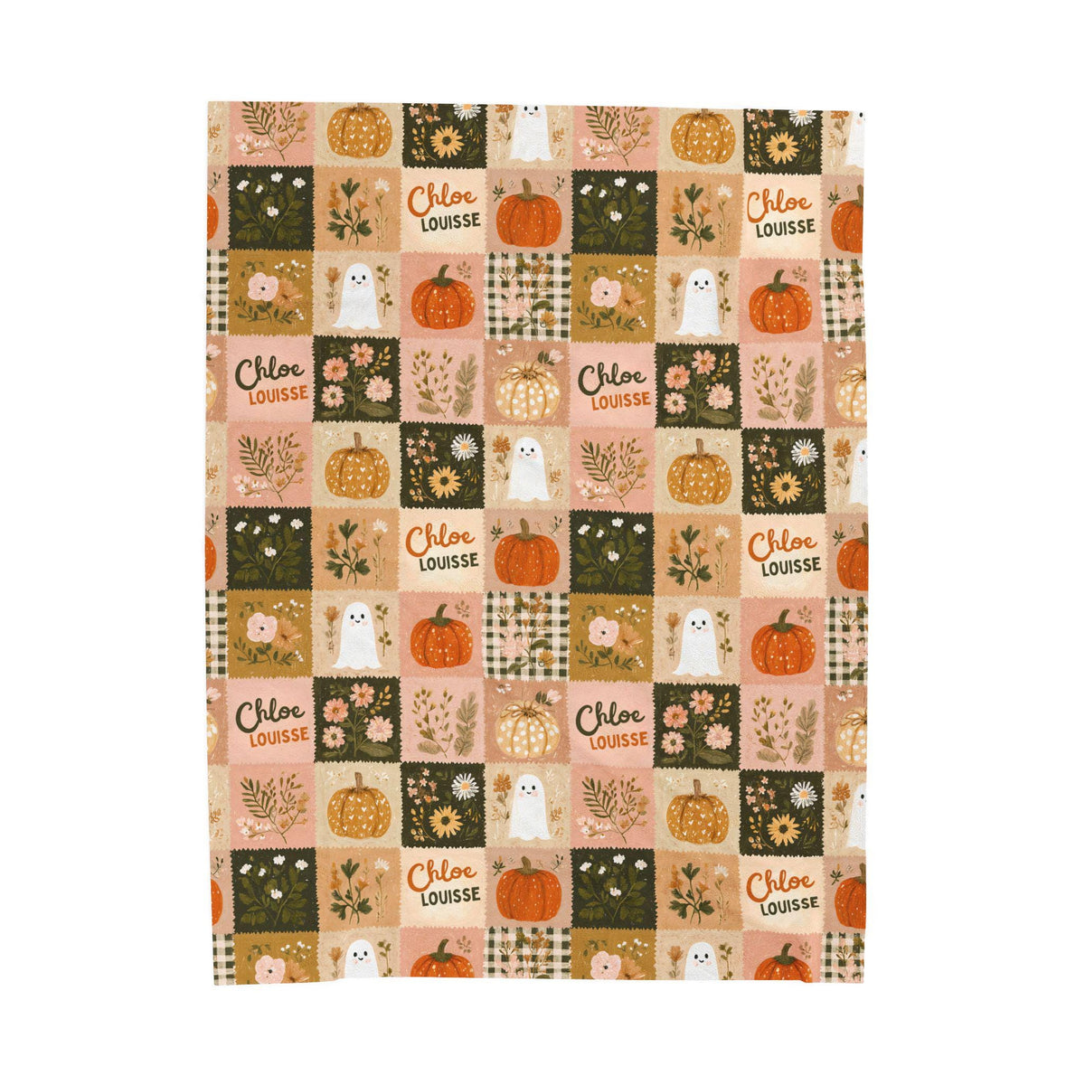 Personalized Patchwork Ghost & Pumpkin Blanket | Custom Name Velveteen Plush Halloween Fall Throw