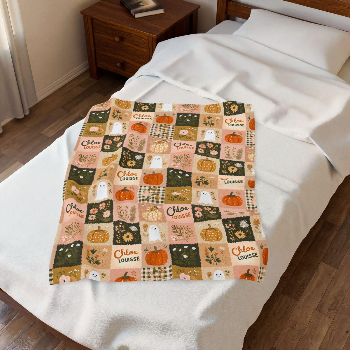 Personalized Patchwork Ghost & Pumpkin Blanket | Custom Name Velveteen Plush Halloween Fall Throw