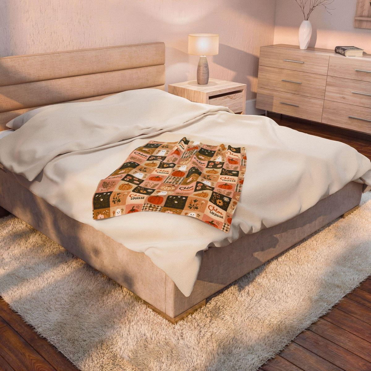 Personalized Patchwork Ghost & Pumpkin Blanket | Custom Name Velveteen Plush Halloween Fall Throw