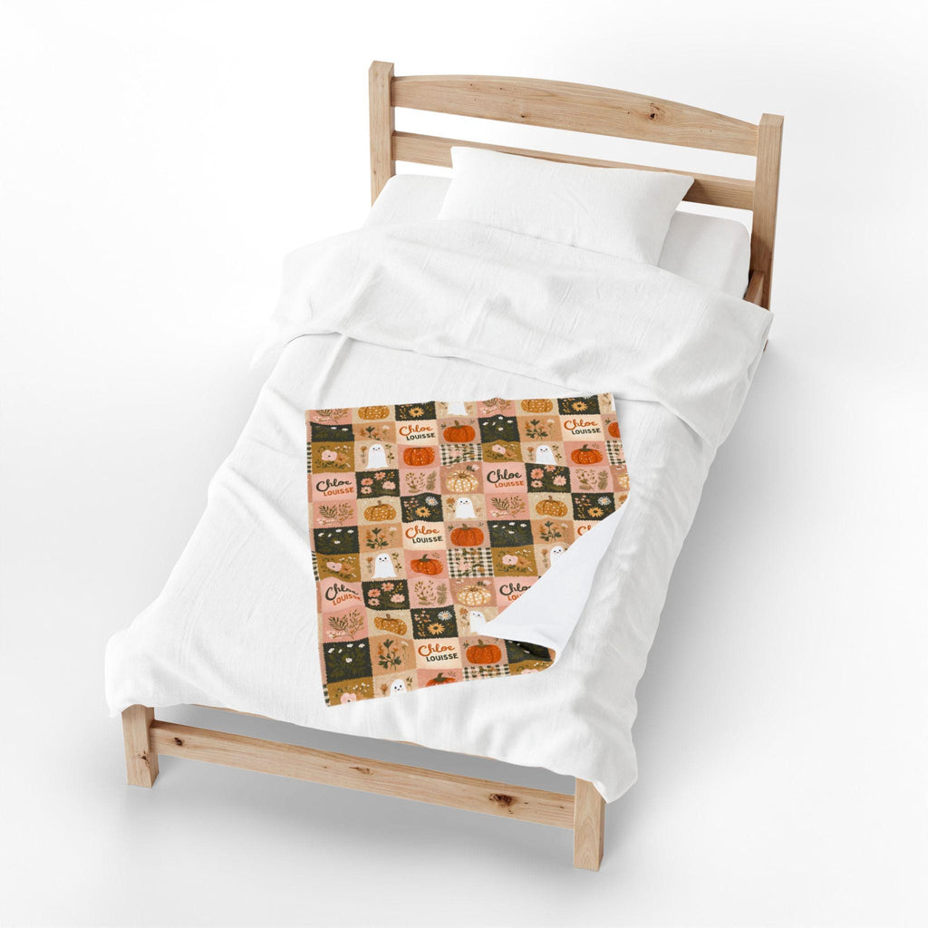 Personalized Patchwork Ghost & Pumpkin Blanket | Custom Name Velveteen Plush Halloween Fall Throw
