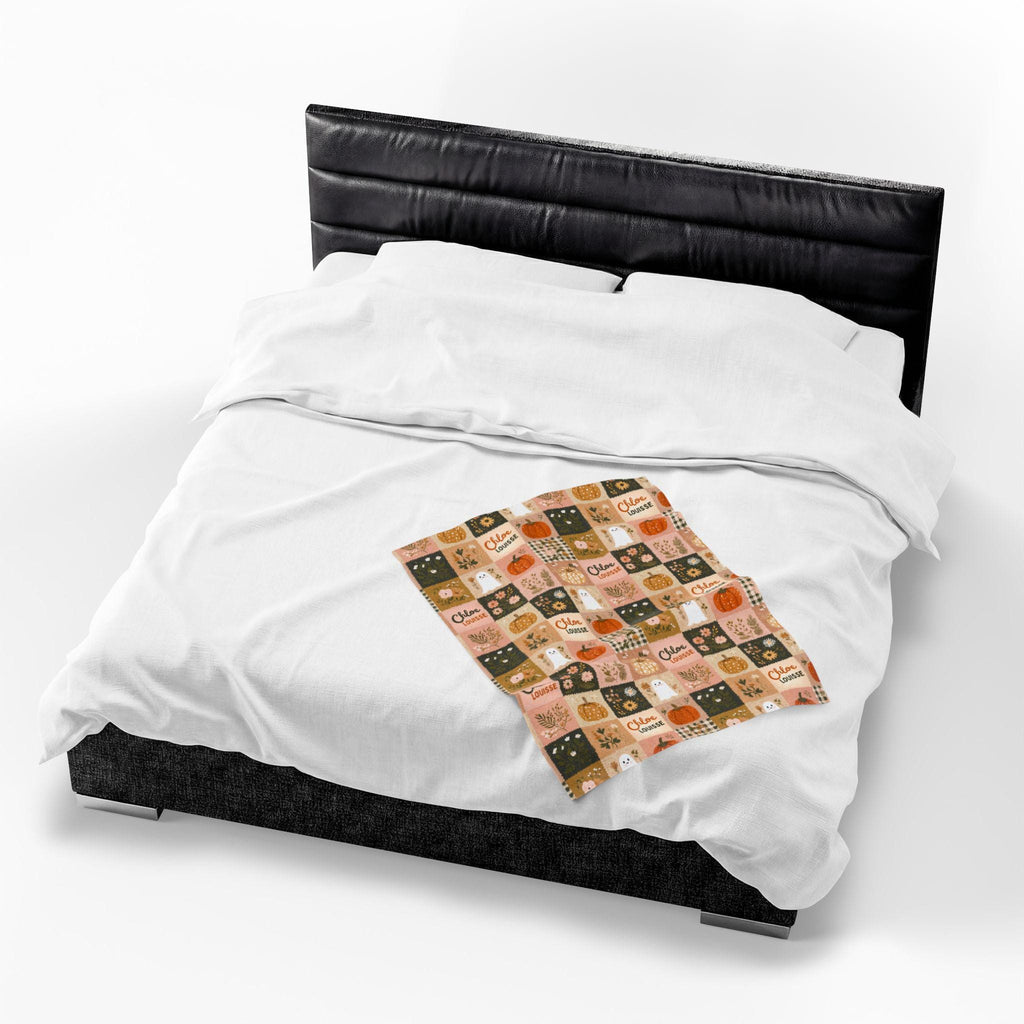 Personalized Patchwork Ghost & Pumpkin Blanket | Custom Name Velveteen Plush Halloween Fall Throw