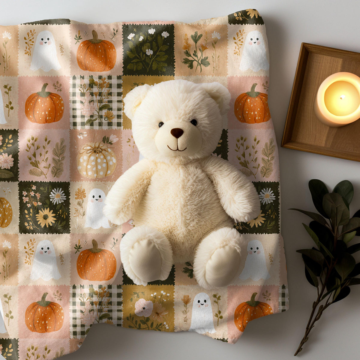 Preppy Patchwork Ghost & Pumpkin Blanket | Halloween Velveteen Plush Fall Throw Cozy Decor