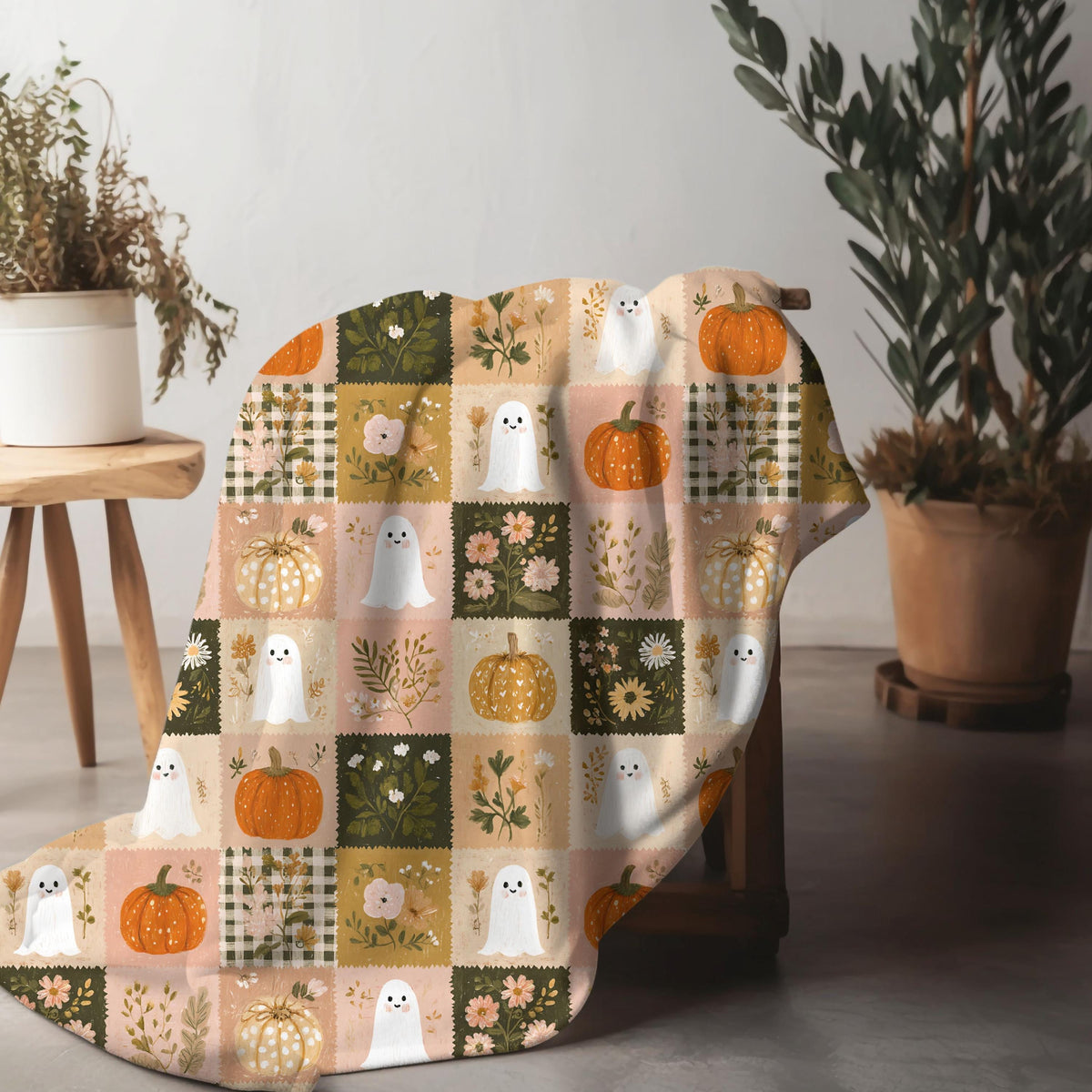 Preppy Patchwork Ghost & Pumpkin Blanket | Halloween Velveteen Plush Fall Throw Cozy Decor