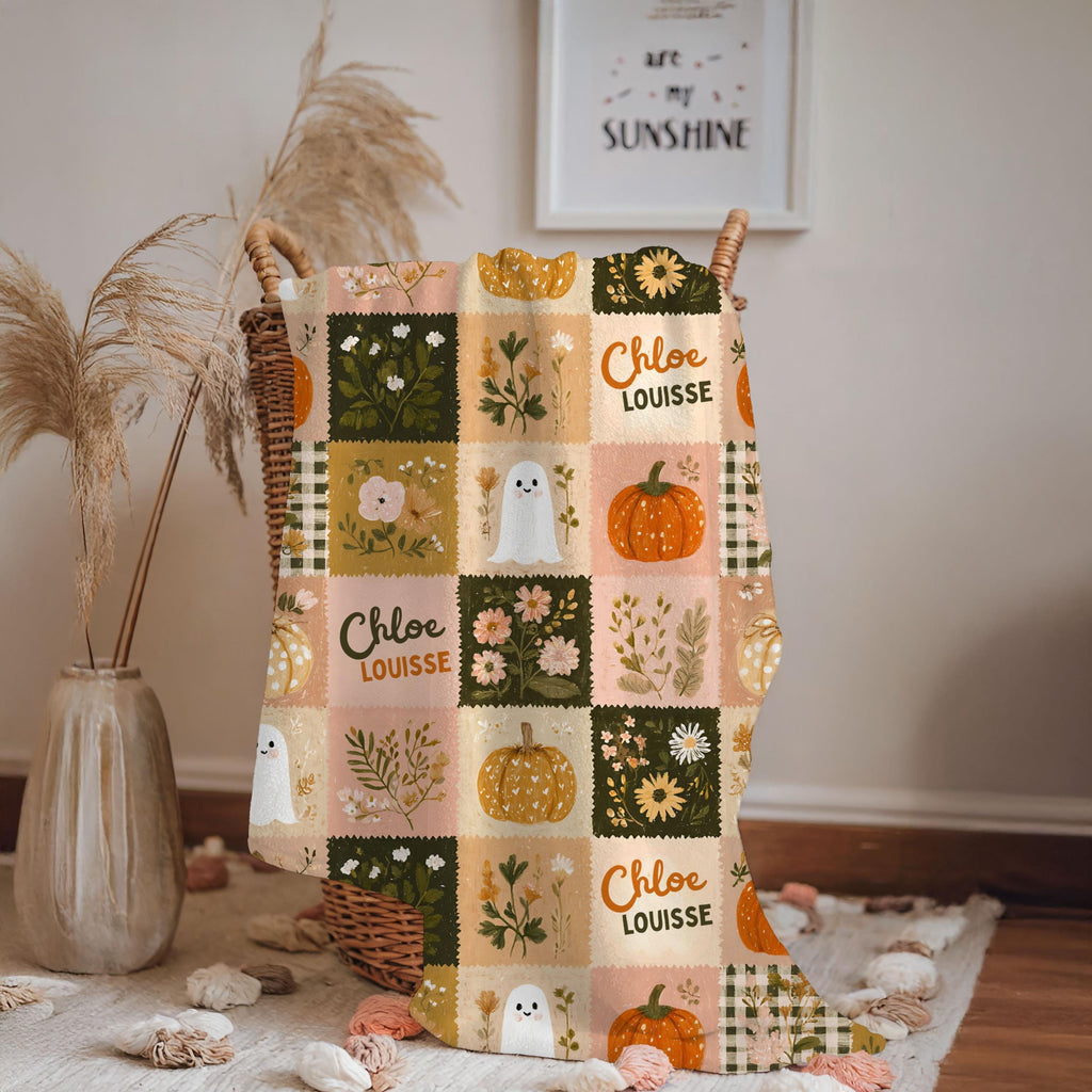 Personalized Patchwork Ghost & Pumpkin Blanket | Custom Name Velveteen Plush Halloween Fall Throw