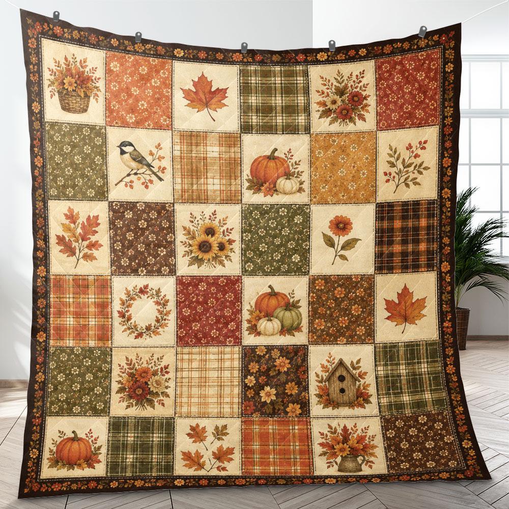 Autumn Quilt Blanket, Fall Quilt Style Throw Blanket, Printed Patchwork Pumpkin Blanket, Farmhouse Fall Decor, Cottagecore Autumn Blanket
