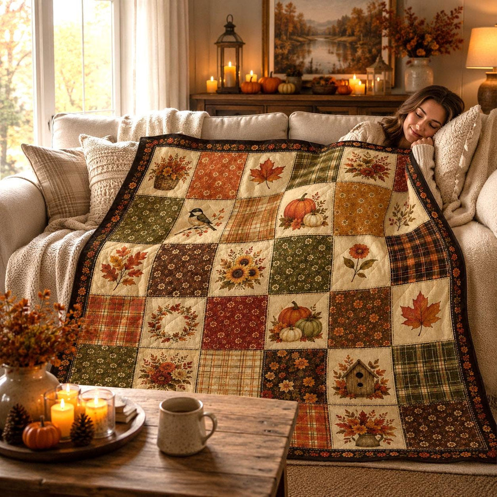 Autumn Quilt Blanket, Fall Quilt Style Throw Blanket, Printed Patchwork Pumpkin Blanket, Farmhouse Fall Decor, Cottagecore Autumn Blanket