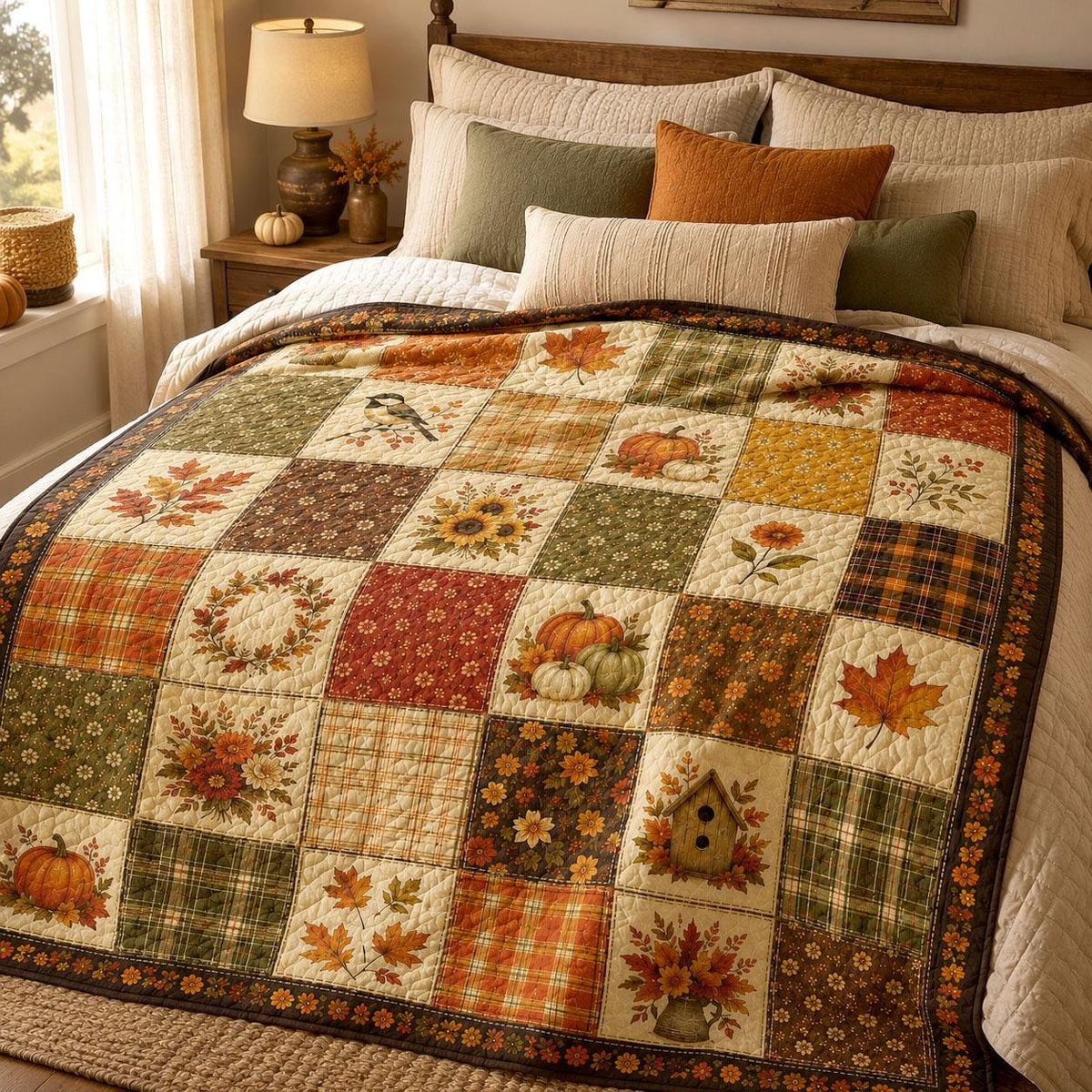 Autumn Quilt Blanket, Fall Quilt Style Throw Blanket, Printed Patchwork Pumpkin Blanket, Farmhouse Fall Decor, Cottagecore Autumn Blanket