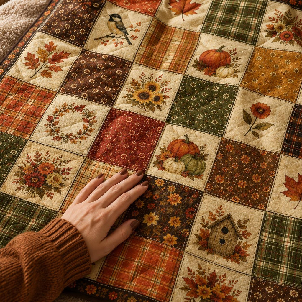 Autumn Quilt Blanket, Fall Quilt Style Throw Blanket, Printed Patchwork Pumpkin Blanket, Farmhouse Fall Decor, Cottagecore Autumn Blanket