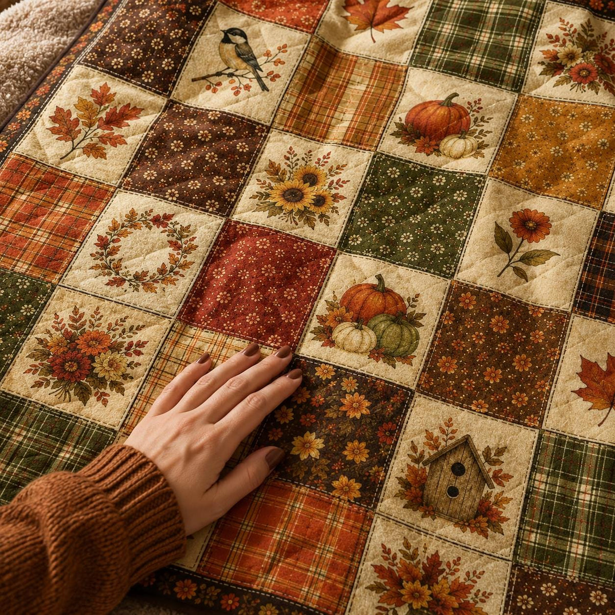 Autumn Quilt Blanket, Fall Quilt Style Throw Blanket, Printed Patchwork Pumpkin Blanket, Farmhouse Fall Decor, Cottagecore Autumn Blanket