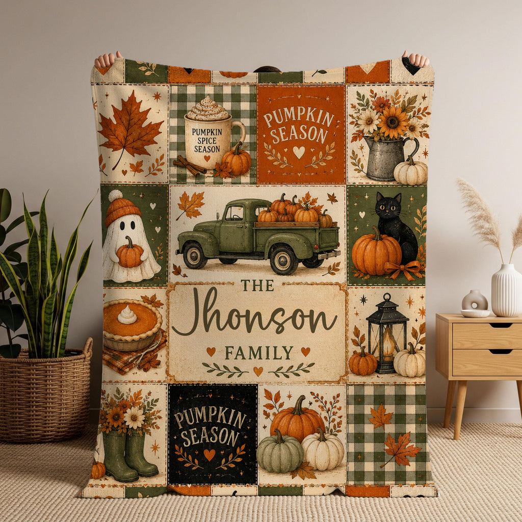 Personalized Fall Family Blanket, Custom Pumpkin Season Throw, Autumn Patchwork Blanket, Cozy Thanksgiving Gift, Rustic Home Decor