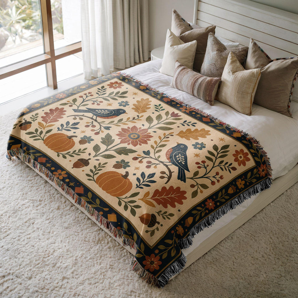 Fall Folk Art Woven Blanket, Halloween Pumpkin Cotton Throw, Autumn Bird Tapestry Blanket, Cottagecore Harvest Sofa Bed Decor