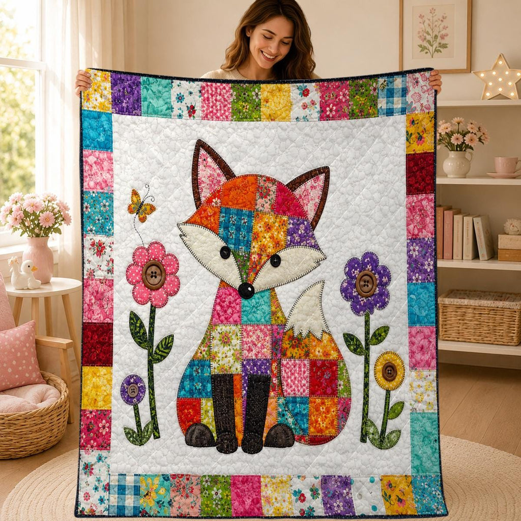 Patchwork Fox Quilt, Bright Woodland Blanket, Floral Nursery Room Decor