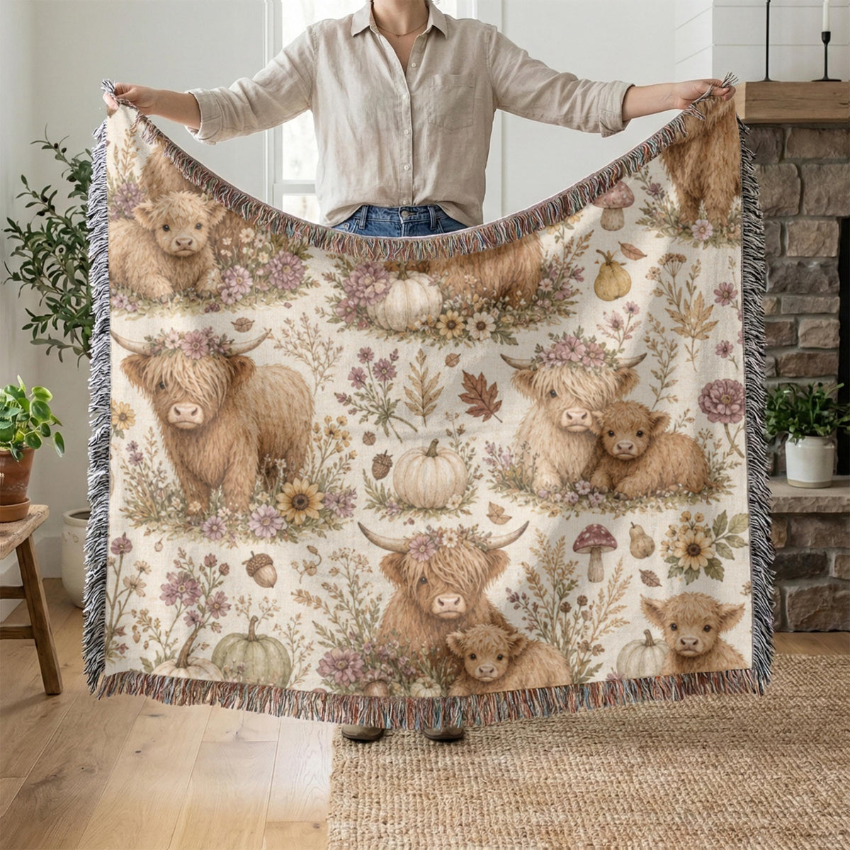 Farmhouse Fall Woven Throw Blanket, Cozy Blanket Sofa Throw Autumn Home Decor