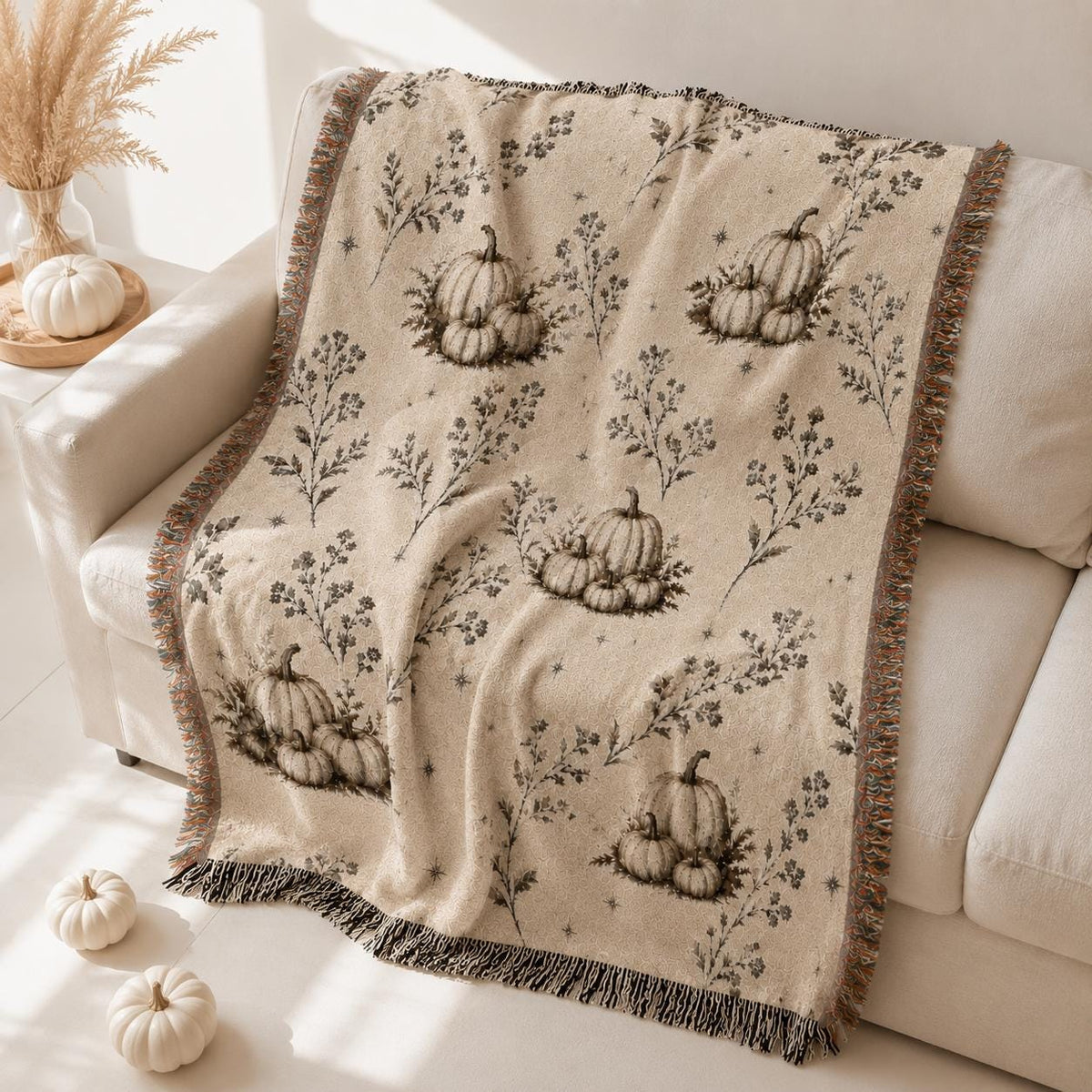 Boho Pumpkin Woven Blanket, Neutral Fall Throw Blanket, Cottagecore Tapestry Wall Hanging, Cream Halloween Home Decor, Soft Cotton Throw