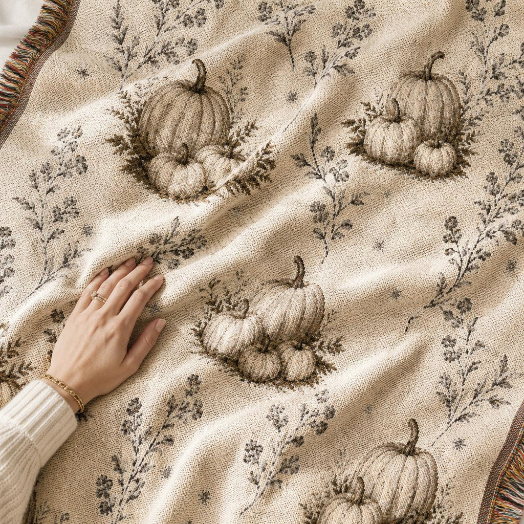 Boho Pumpkin Woven Blanket, Neutral Fall Throw Blanket, Cottagecore Tapestry Wall Hanging, Cream Halloween Home Decor, Soft Cotton Throw