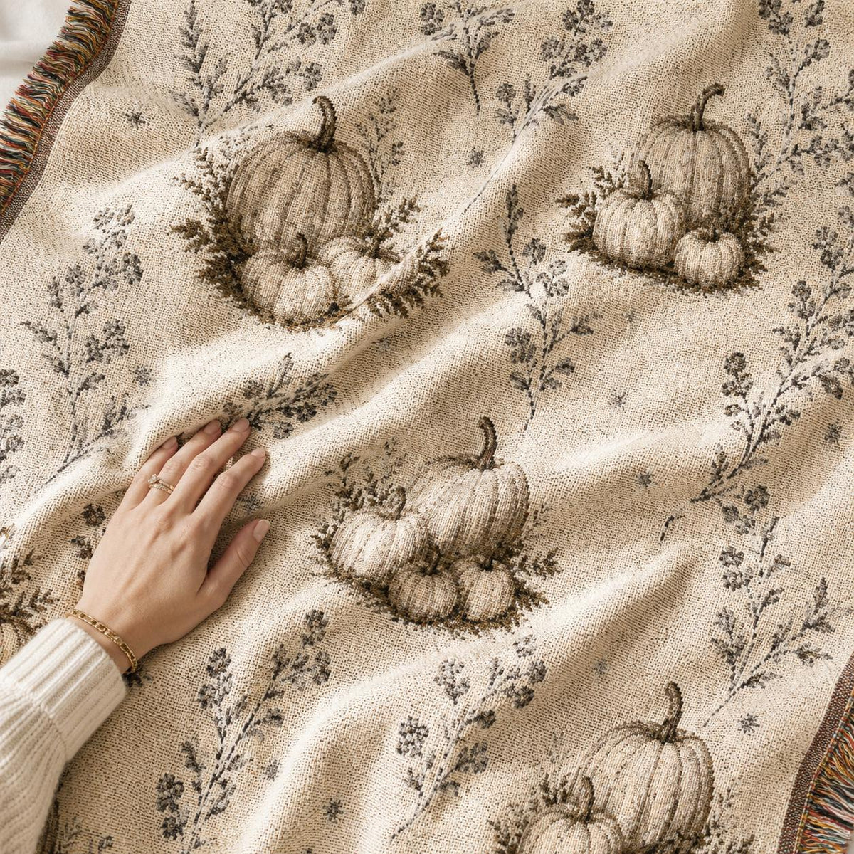 Boho Pumpkin Woven Blanket, Neutral Fall Throw Blanket, Cottagecore Tapestry Wall Hanging, Cream Halloween Home Decor, Soft Cotton Throw