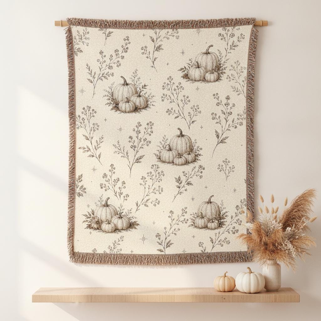Boho Pumpkin Woven Blanket, Neutral Fall Throw Blanket, Cottagecore Tapestry Wall Hanging, Cream Halloween Home Decor, Soft Cotton Throw