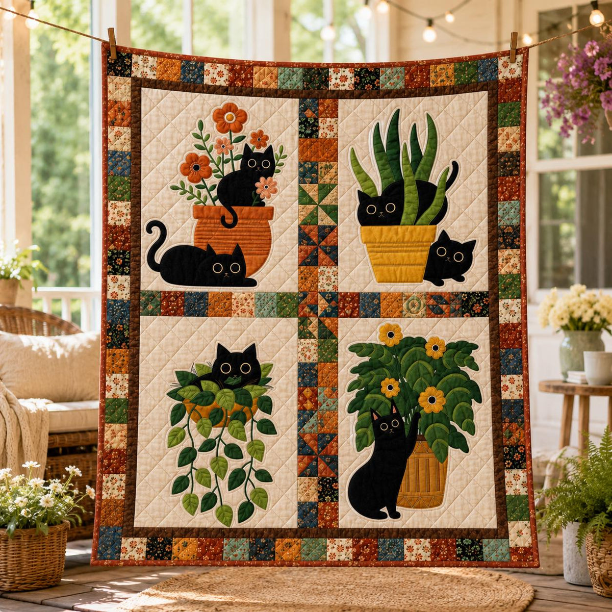 Custom Cat And Plant Quilt Personalized Autumn Throw Blanket Gift