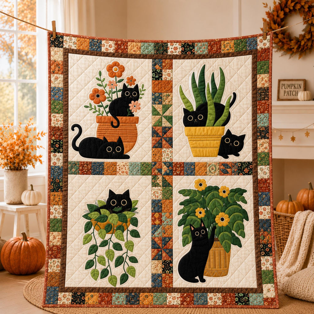 Custom Cat And Plant Quilt Personalized Autumn Throw Blanket Gift