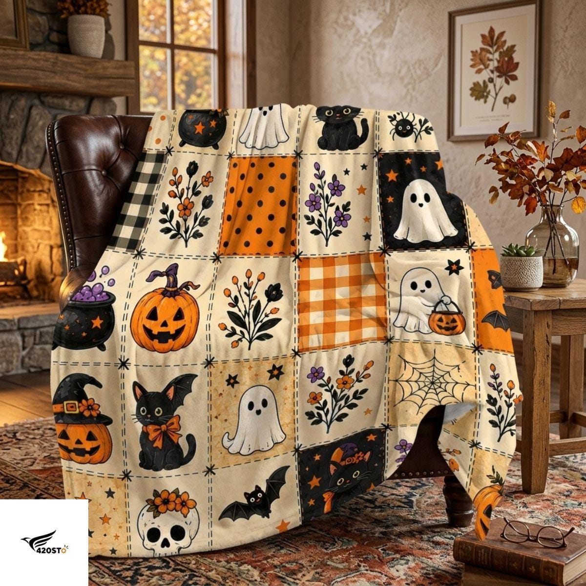 Halloween Ghost Fleece Blanket, Spooky Black Cat Throw Blanket, Pumpkin Patchwork Cozy Blanket, Cute Fall Halloween Home Decor Gift