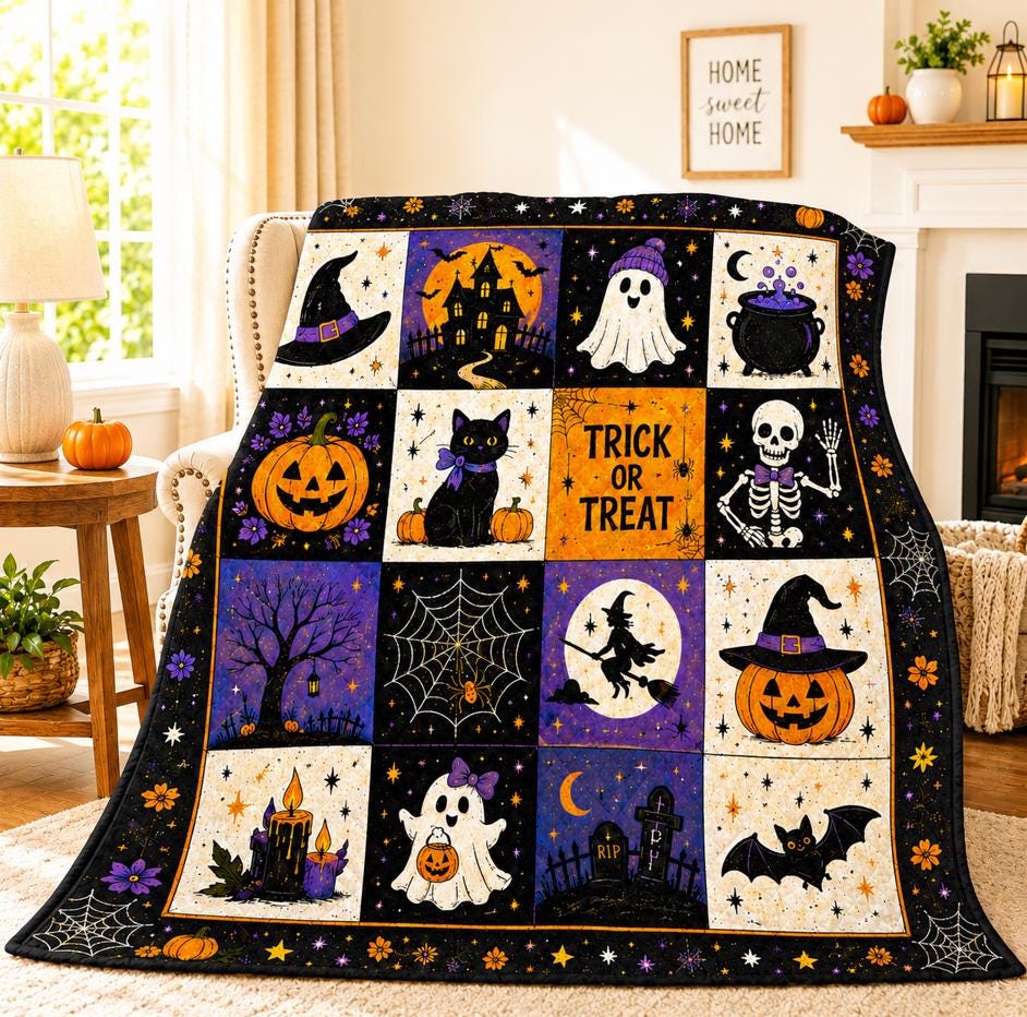 Halloween Quilt, Pumpkin Ghost Bat Blanket, Spooky Fall Quilt, Black Cat Ghost Pumpkin Cozy Throw Blanket, Spooky Ghost Pumpkin Room Decor