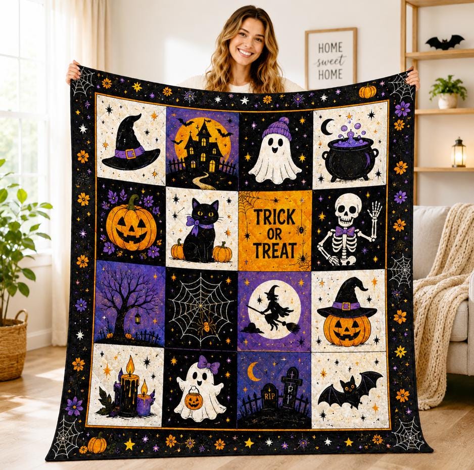 Halloween Quilt, Pumpkin Ghost Bat Blanket, Spooky Fall Quilt, Black Cat Ghost Pumpkin Cozy Throw Blanket, Spooky Ghost Pumpkin Room Decor