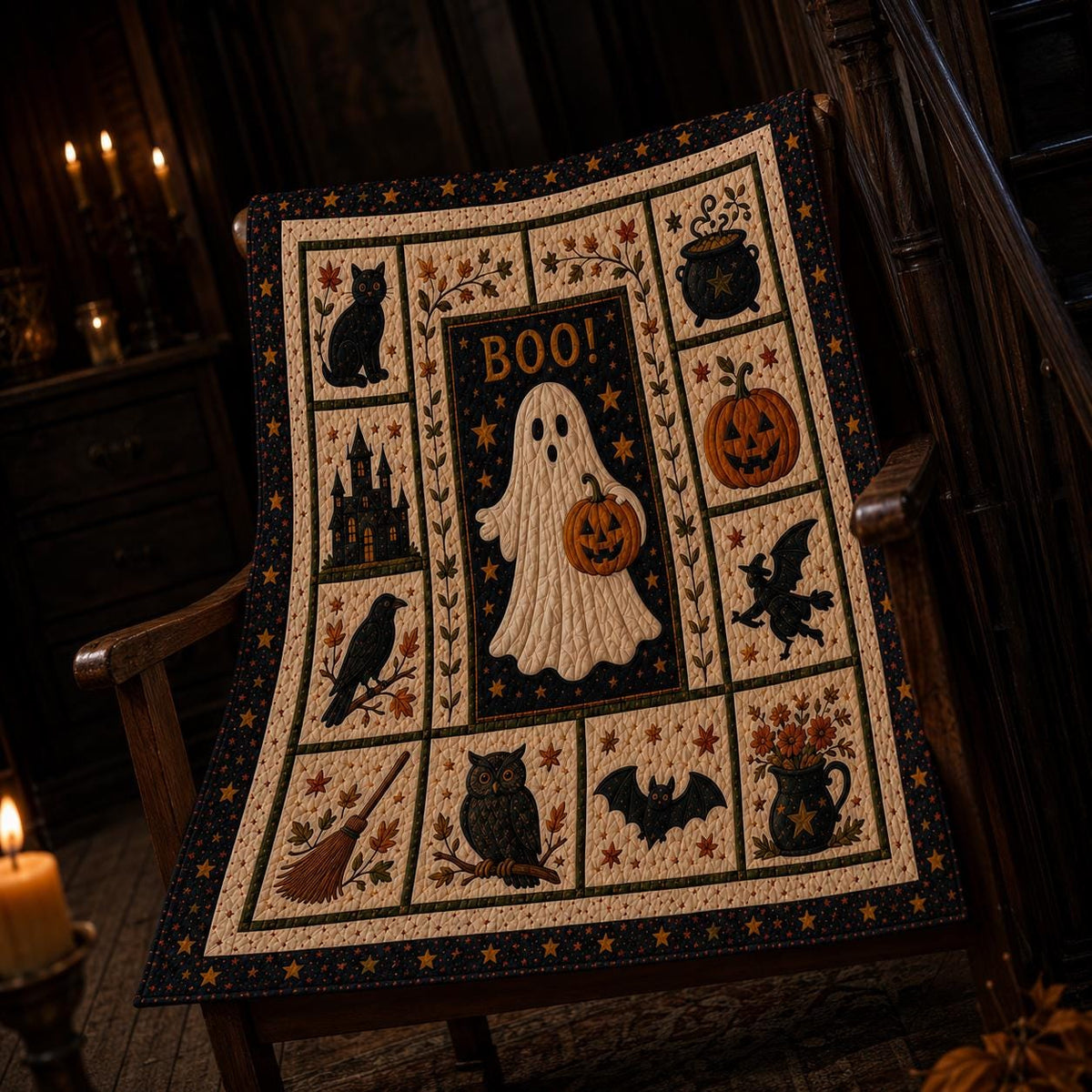 Halloween Patchwork Quilt Set, Pumpkin Ghost Bat Bedding Set, Spooky Fall Quilt Blanket, Halloween Bedroom Decor, Cozy Autumn Bedspread