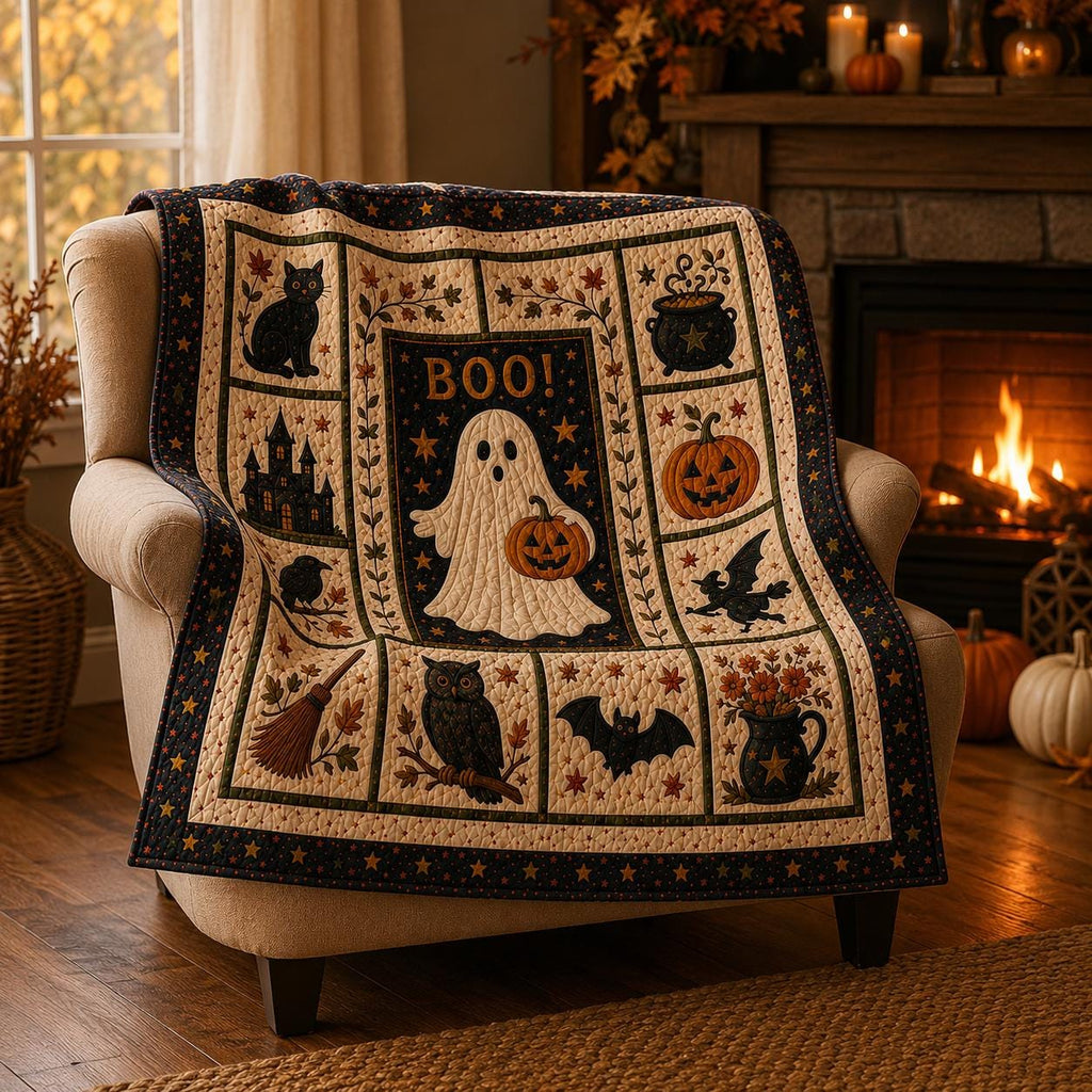 Halloween Patchwork Quilt Set, Pumpkin Ghost Bat Bedding Set, Spooky Fall Quilt Blanket, Halloween Bedroom Decor, Cozy Autumn Bedspread