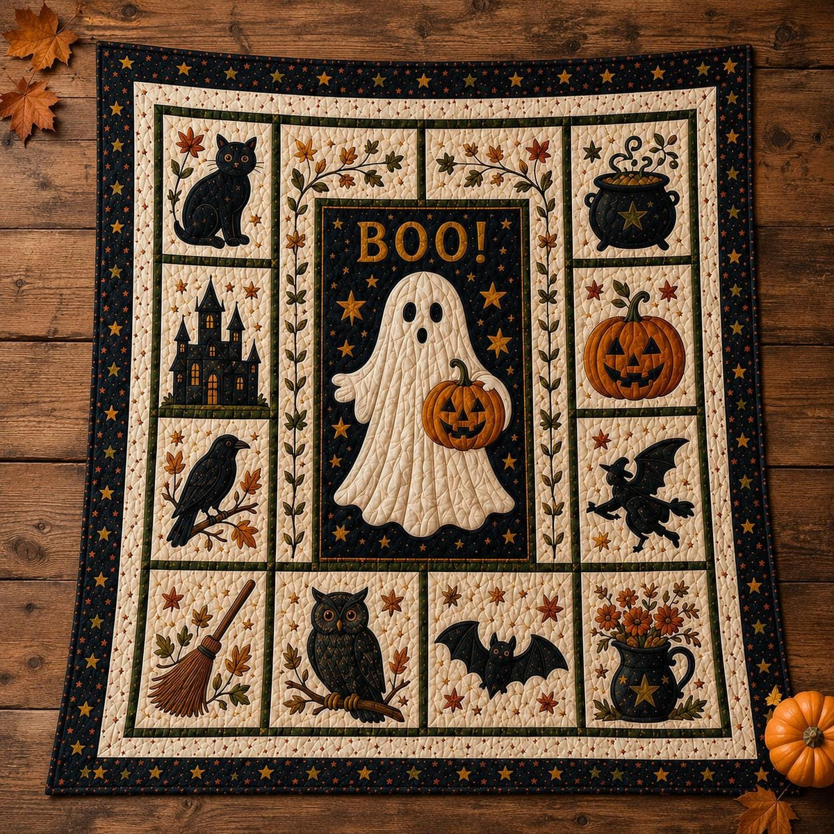 Halloween Patchwork Quilt Set, Pumpkin Ghost Bat Bedding Set, Spooky Fall Quilt Blanket, Halloween Bedroom Decor, Cozy Autumn Bedspread