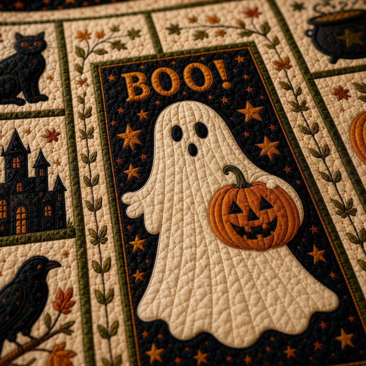 Halloween Patchwork Quilt Set, Pumpkin Ghost Bat Bedding Set, Spooky Fall Quilt Blanket, Halloween Bedroom Decor, Cozy Autumn Bedspread