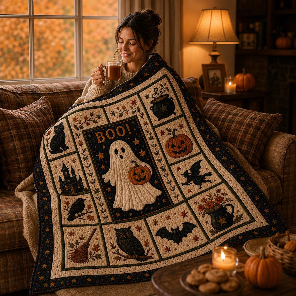 Halloween Patchwork Quilt Set, Pumpkin Ghost Bat Bedding Set, Spooky Fall Quilt Blanket, Halloween Bedroom Decor, Cozy Autumn Bedspread