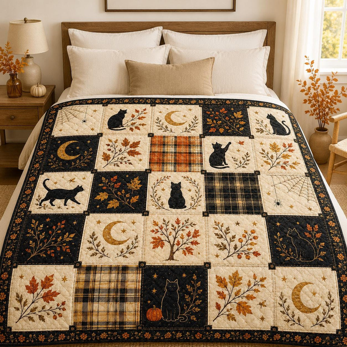 Black Cat Halloween Quilt Blanket, Autumn Patchwork Bed Throw, Crescent Moon Spider Web Bedding, Witchy Gothic Fall Decor, Cat Lover Gift