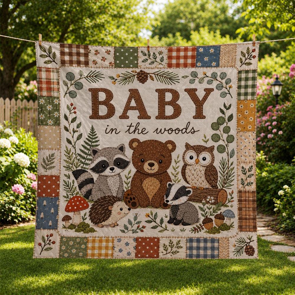 Woodland Baby Quilt, Forest Animal Patchwork Blanket, Rustic Nursery Throw